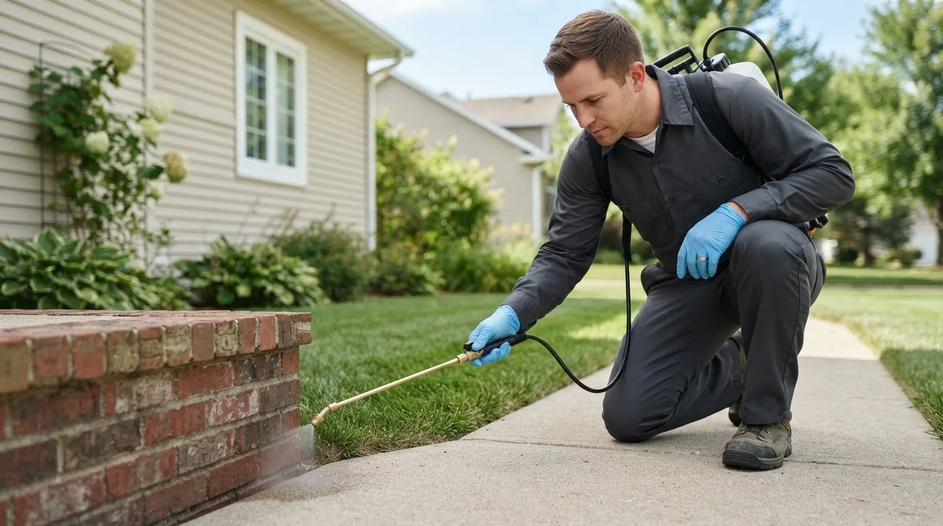 Pest control technician treating a home near Kelso, MO